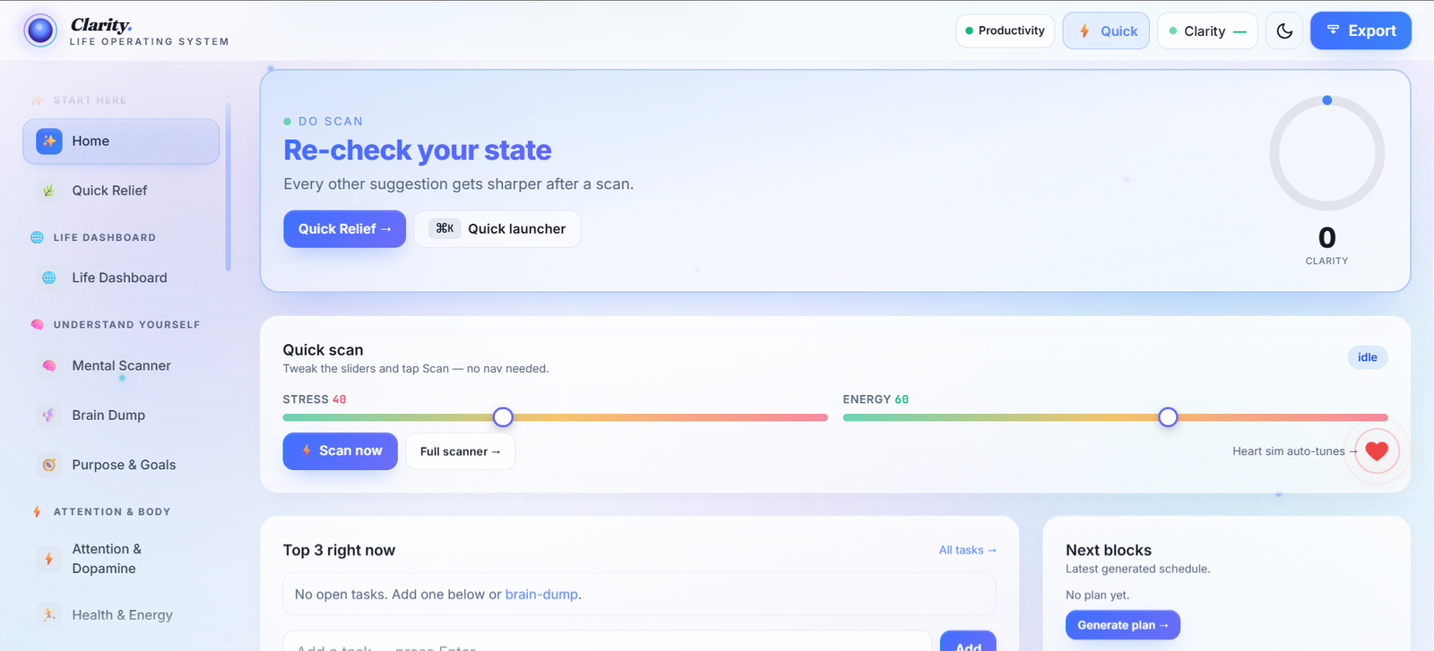 ClarityOS is an AI-powered cognitive operating system that helps users reduce mental overload, improve decision-making, prevent burnout, and gain greater clarity in their daily lives.