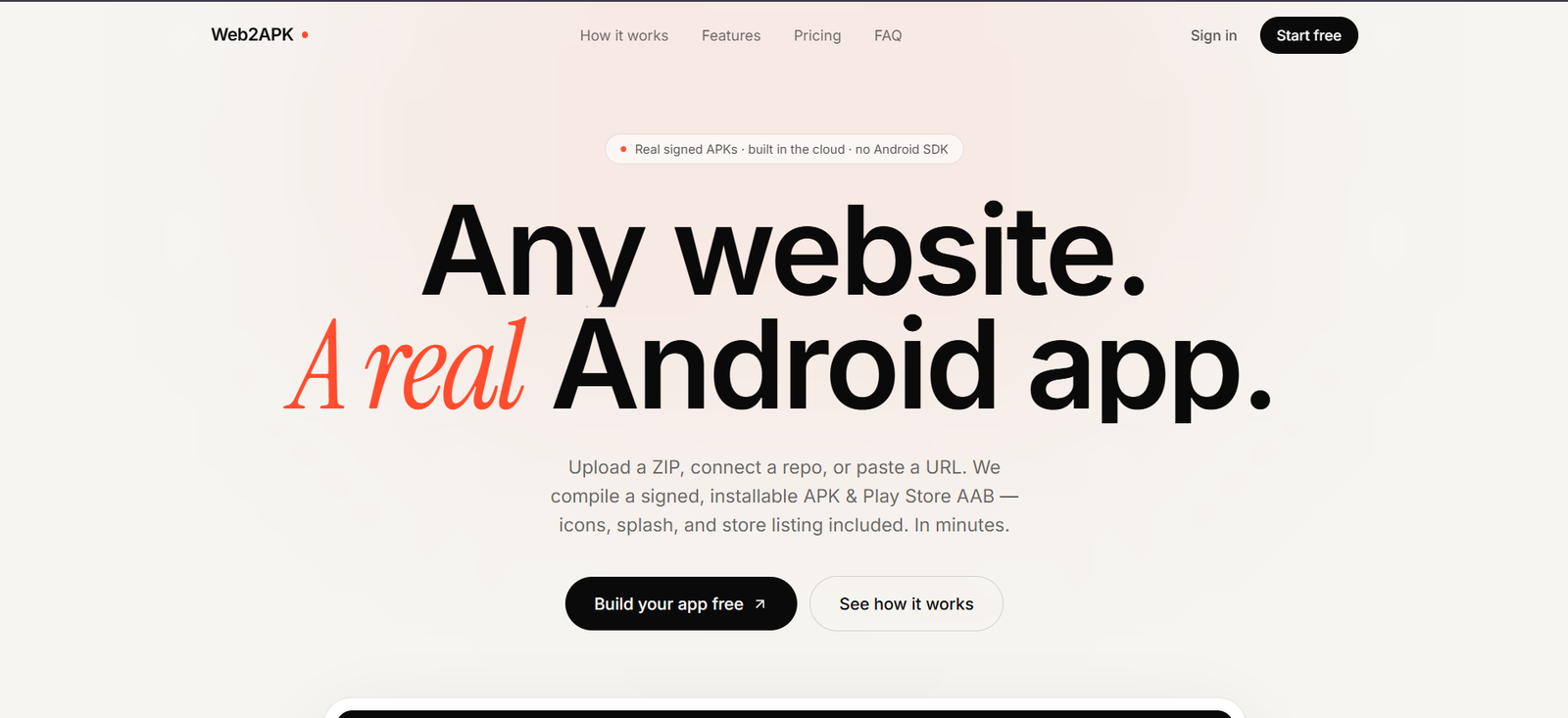 Web2APK converts any website into a fully functional Android app, generating signed APK and AAB files ready for installation and Play Store submission.