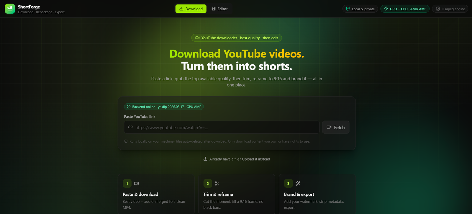 ShortForge is an AI-assisted content creation platform that helps users download YouTube videos and transform long-form content into engaging short-form clips.