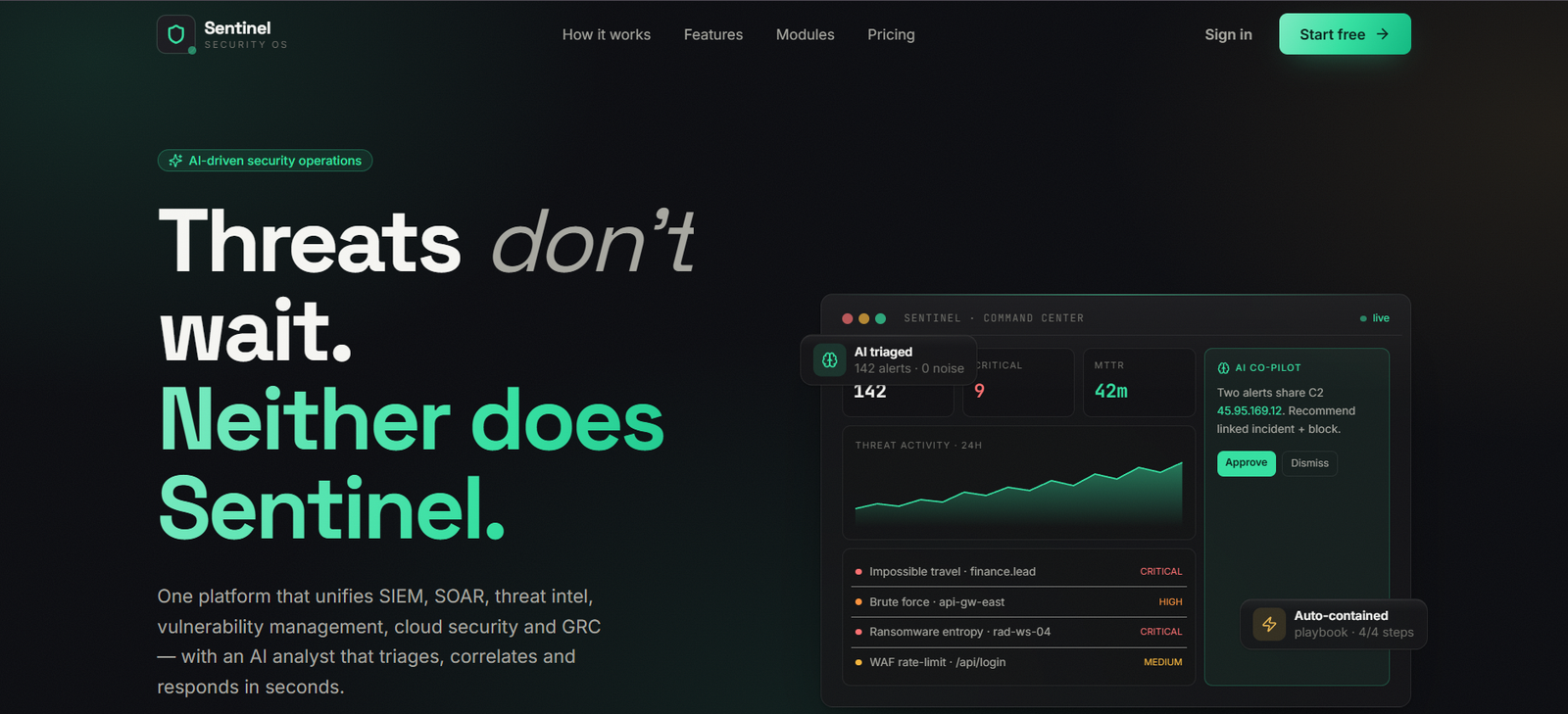Sentinel is a unified Security OS that combines SIEM, SOAR, threat intelligence, vulnerability management, cloud security, and GRC into a single AI-driven platform.